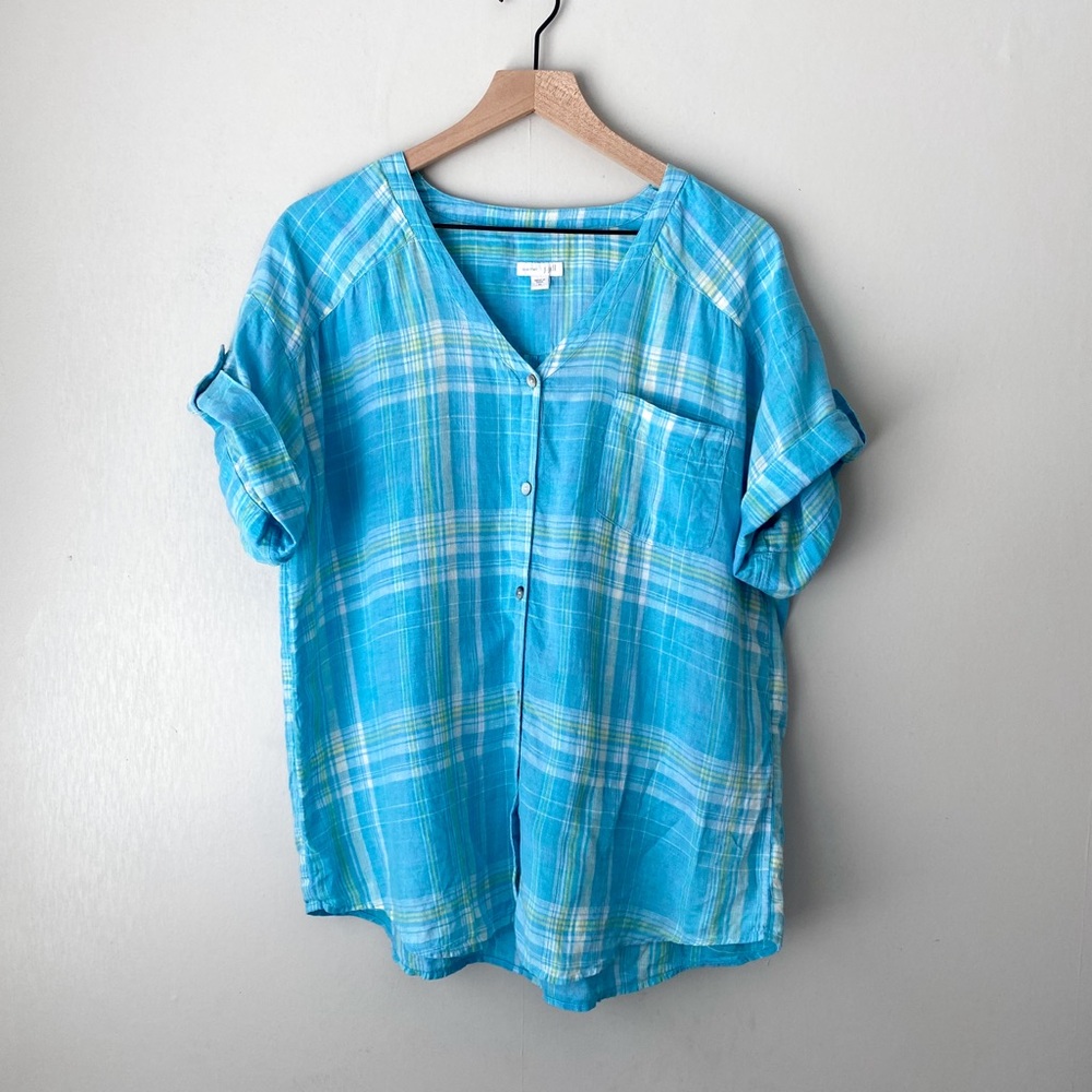 J Jill Love Linen Plaid Short Sleeve Button Top Medium